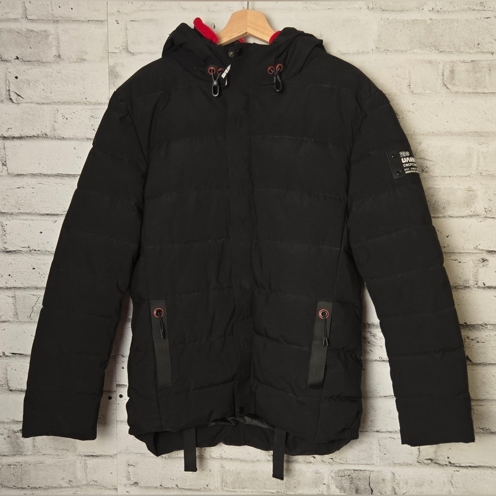 Projek Raw Mens Medium Black Hooded Puffer Jacket Insulated Winter Coat